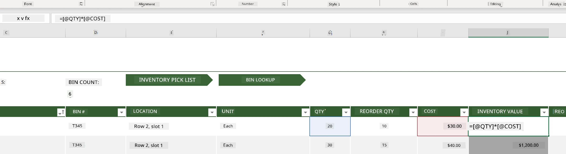 A highlighted formula from an example inventory list in Microsoft Excel