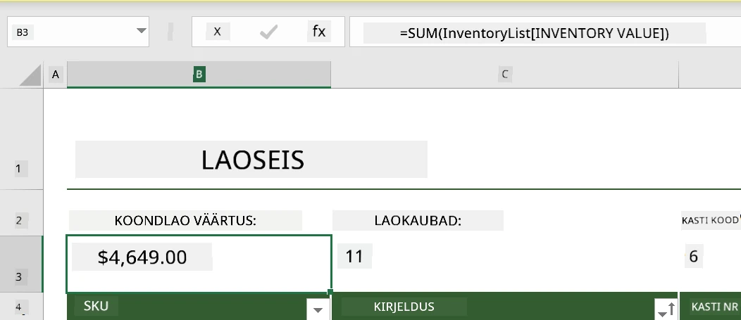Näide inventari loendi funktsioonist Microsoft Excelis