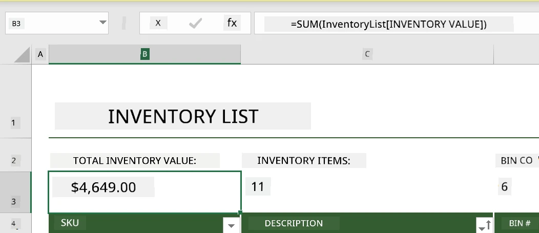 A highlighted function from an example inventory list in Microsoft Excel