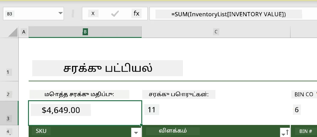 Microsoft Excel இல் ஒரு எடுத்துக்காட்டு சரக்கு பட்டியலிலிருந்து ஒரு ஹைலைட்டான செயல்பாடு