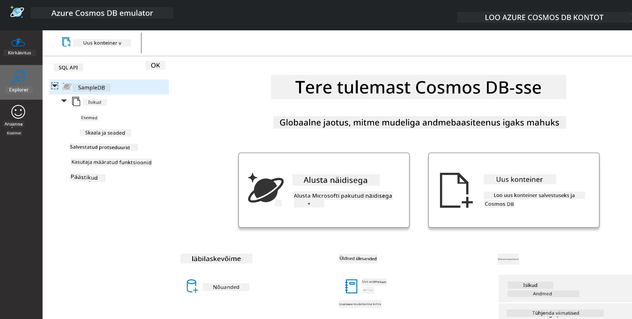 Cosmos DB emulaatori Explorer vaade