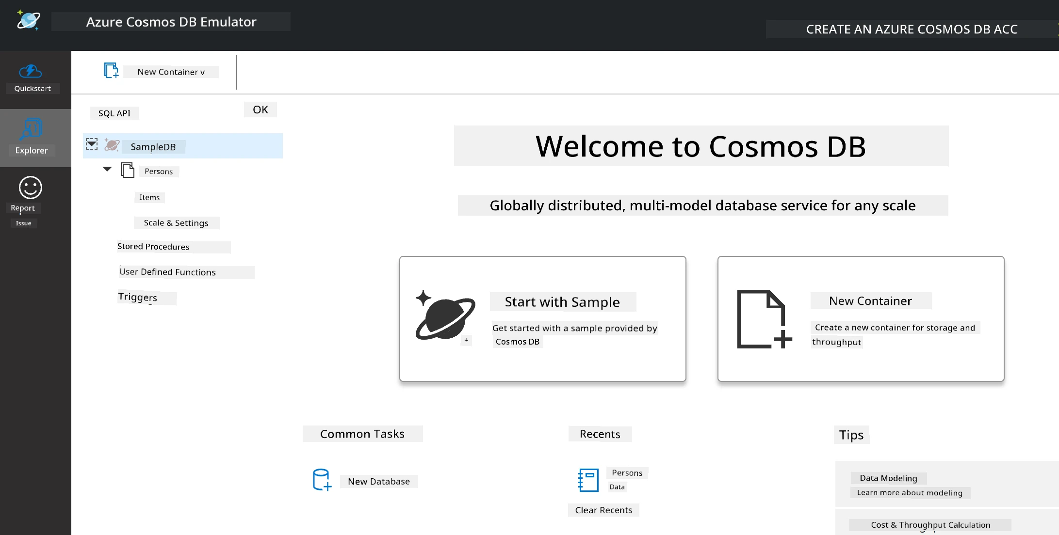 The Explorer view of the Cosmos DB Emulator