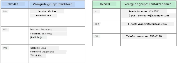Graafiline kujutis veerupõhisest andmehoidlast, mis näitab kliendi andmebaasi kahe veeruperekonnaga nimega Identiteet ja Kontaktinfo