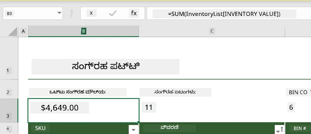 ಮೈಕ್ರೋಸಾಫ್ಟ್ ಎಕ್ಸೆಲ್ನ ಉದಾಹರಣೆಯ ಇನ್ವೆಂಟರಿ ಪಟ್ಟಿಯಿಂದ ಹೈಲೈಟ್ ಮಾಡಲಾದ ಕಾರ್ಯ