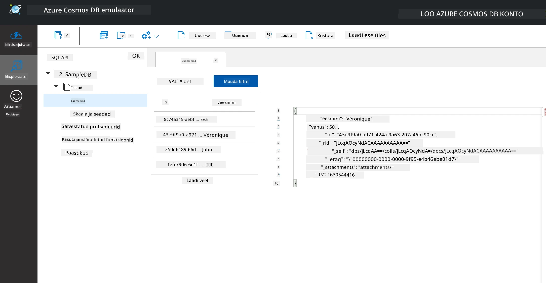 Näidisandmete uurimine Cosmos DB emulaatoris