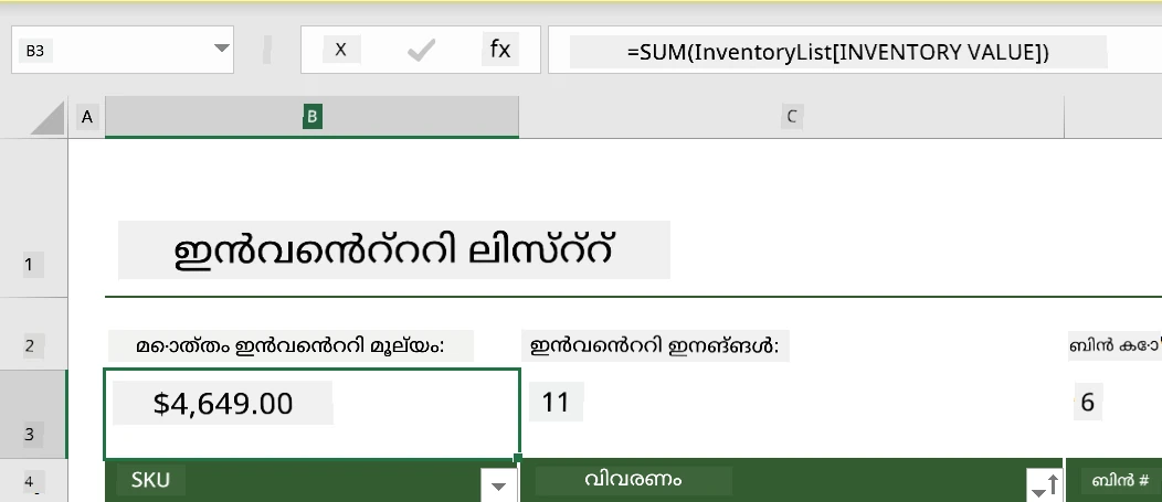 മൈക്രോസോഫ്റ്റ് എക്സെലിൽ ഒരു ഉദാഹരണ ഇൻവെന്ററി ലിസ്റ്റിൽ ഹൈലൈറ്റ് ചെയ്ത ഫംഗ്ഷൻ