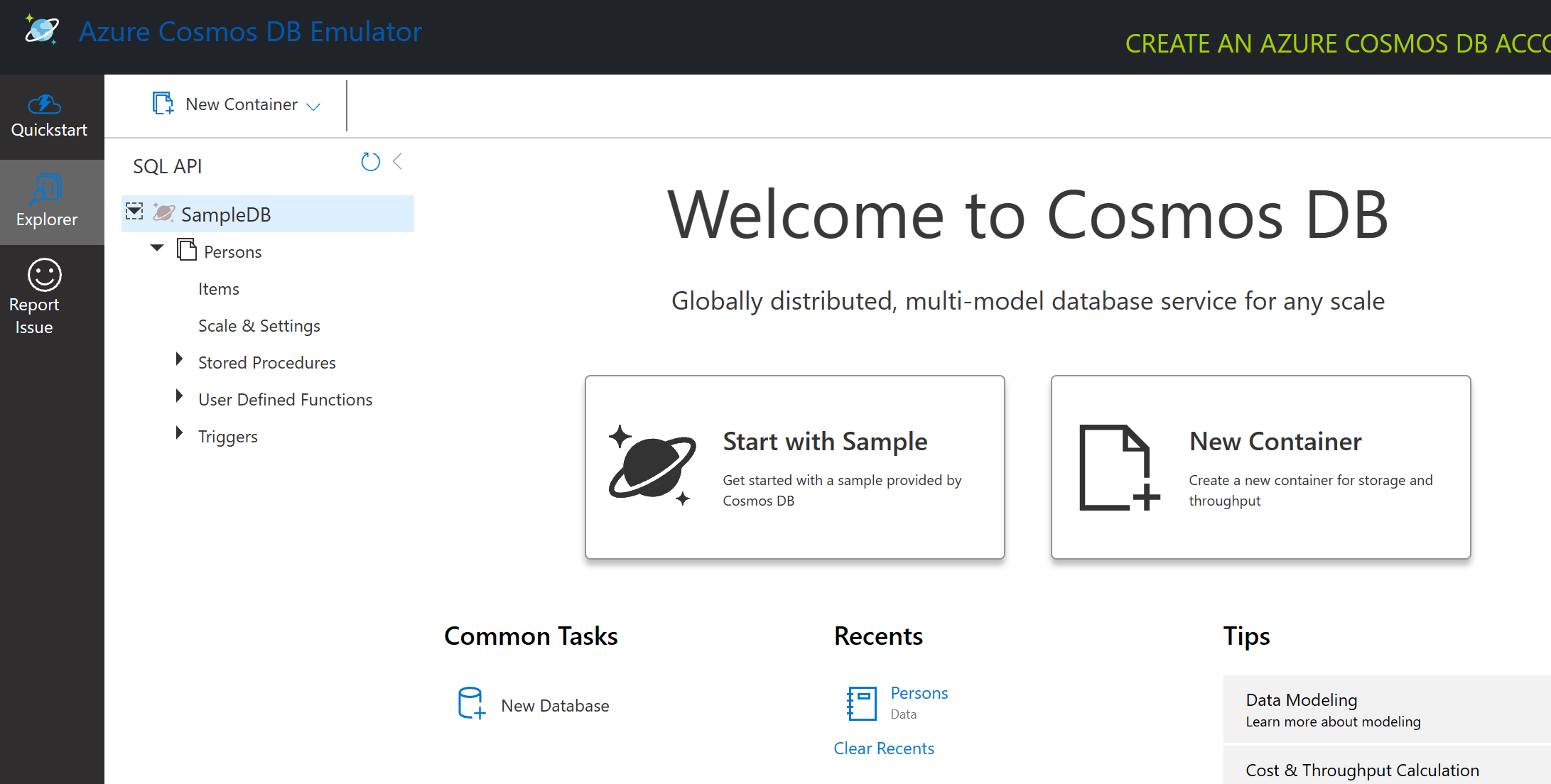 A Cosmos DB Emulátor Explorer nézete