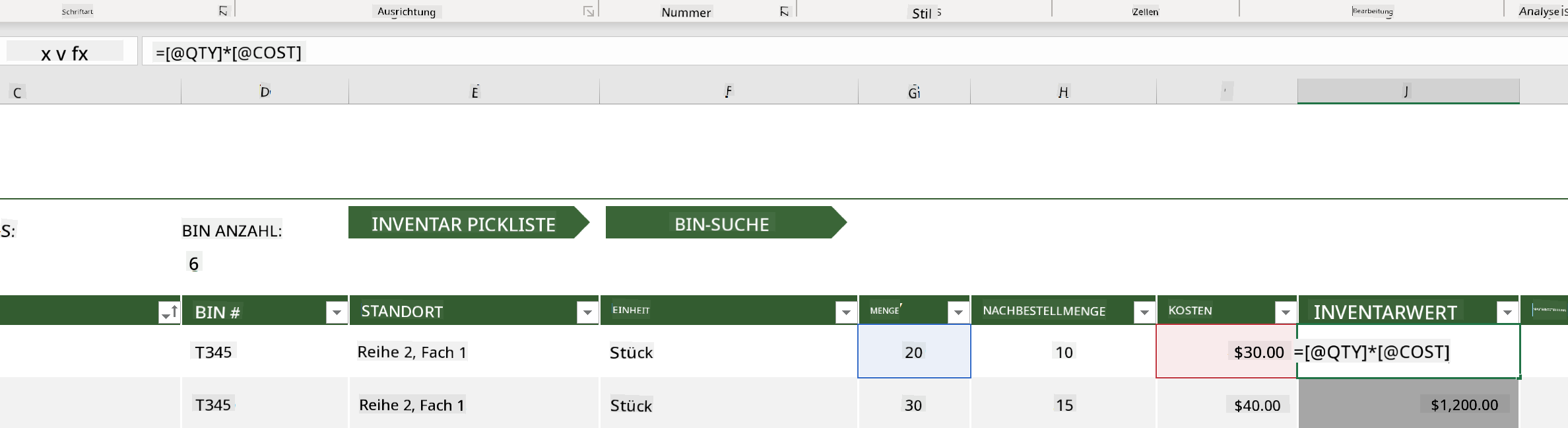 Eine hervorgehobene Formel aus einer Beispiel-Inventarliste in Microsoft Excel
