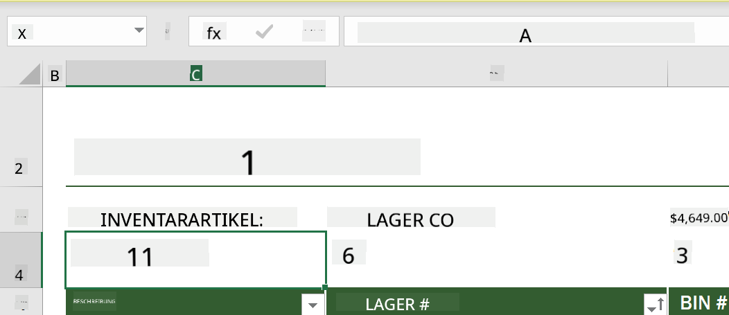 Eine hervorgehobene Funktion aus einer Beispiel-Inventarliste in Microsoft Excel