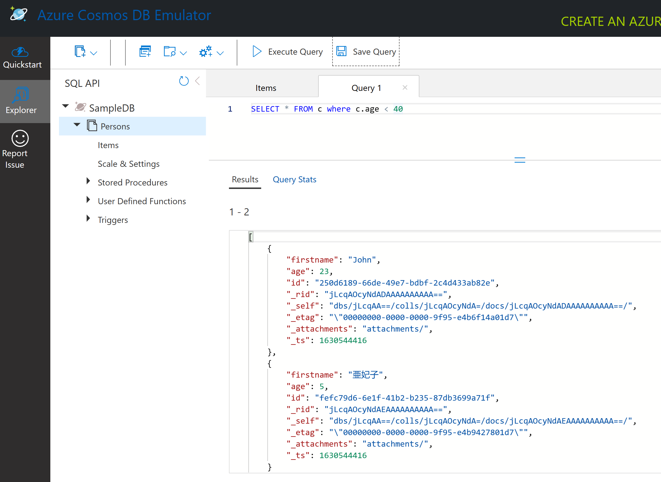 Running a SELECT query on sample data in the Cosmos DB Emulator to find documents that have an age field value that is less than 40