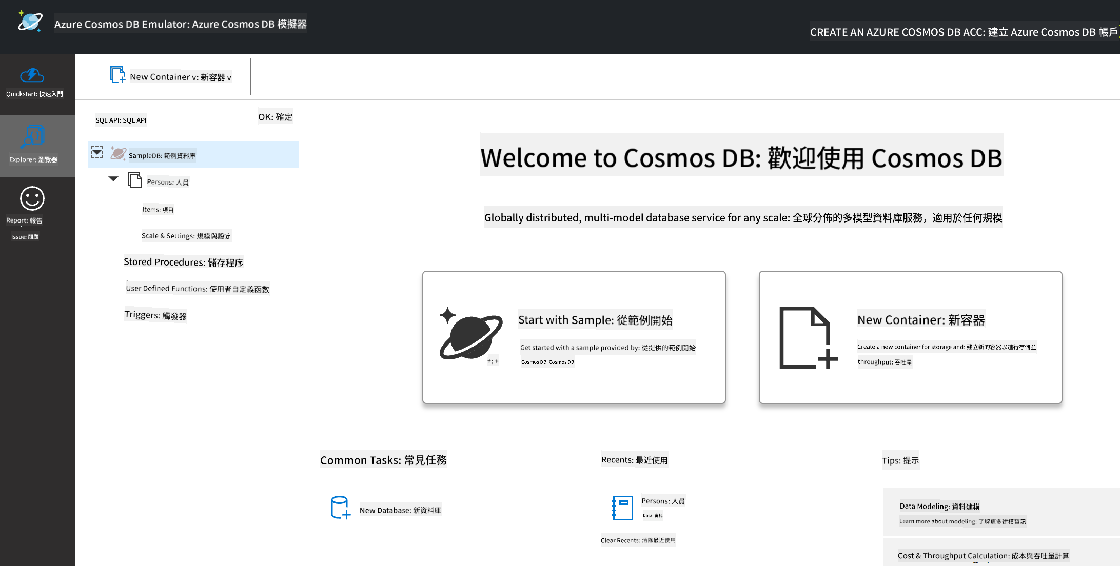 Cosmos DB 模擬器的 Explorer 視圖