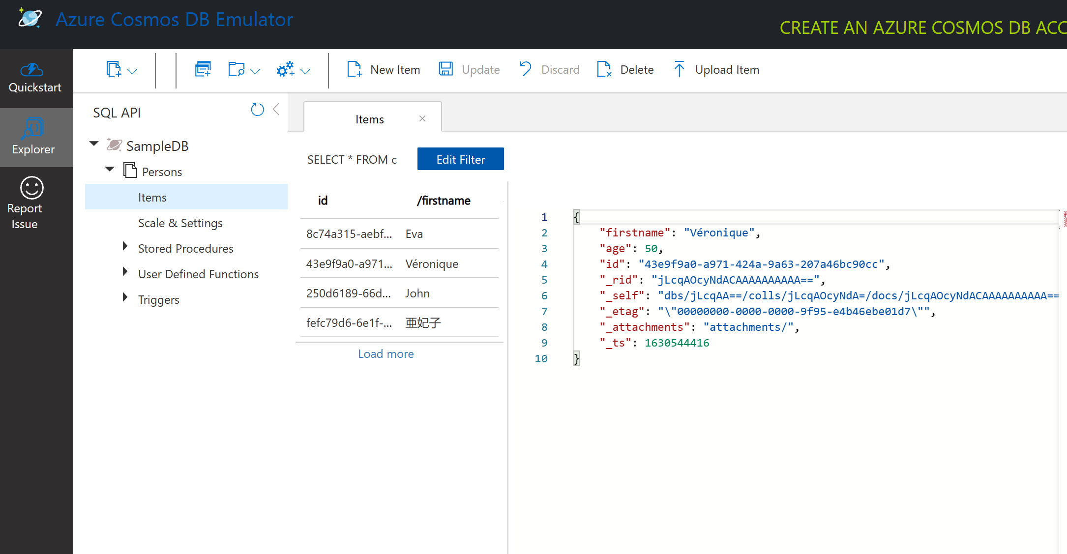 Exploring sample data in the Cosmos DB Emulator