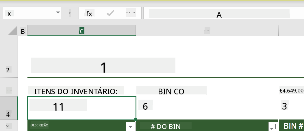 Uma função destacada de um exemplo de lista de inventário no Microsoft Excel