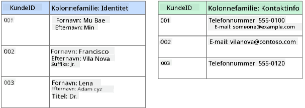 Grafisk repræsentation af en kolonnær-datastore, der viser en kundedatabase med to kolonnefamilier kaldet Identity og Contact Info