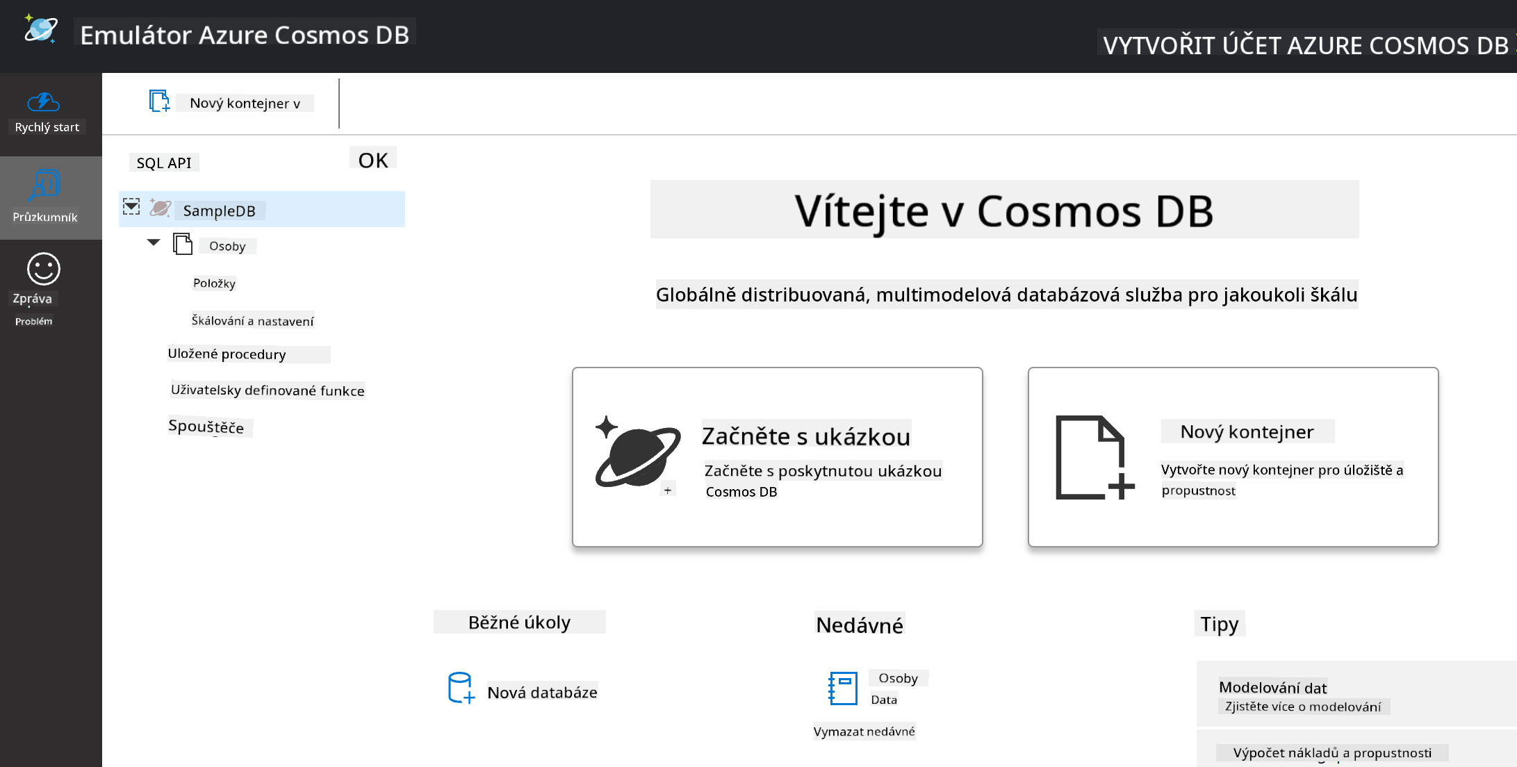 Pohled Explorer v emulátoru Cosmos DB