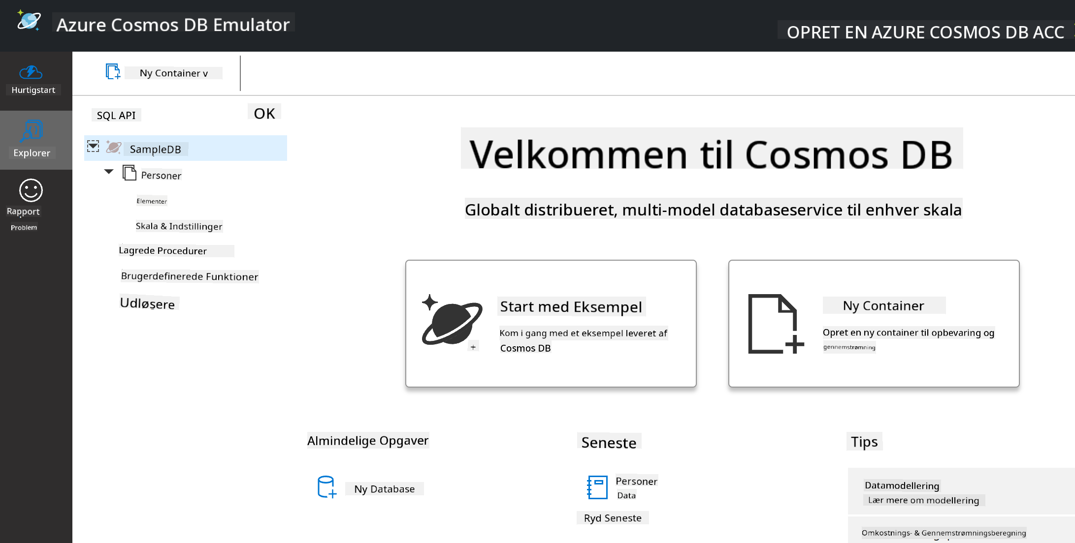 Explorer-visningen af Cosmos DB Emulator