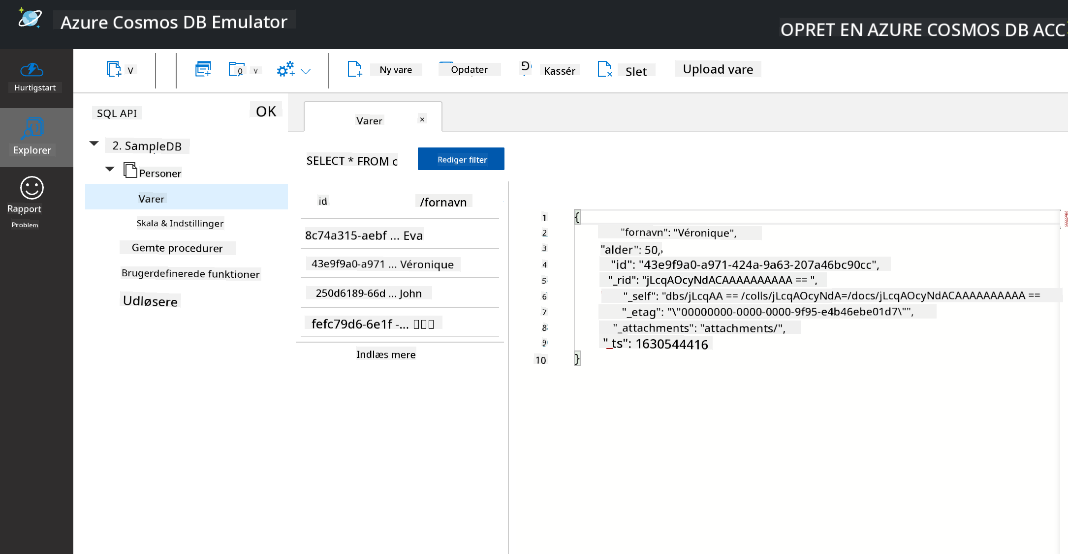 Udforskning af prøvedata i Cosmos DB Emulator