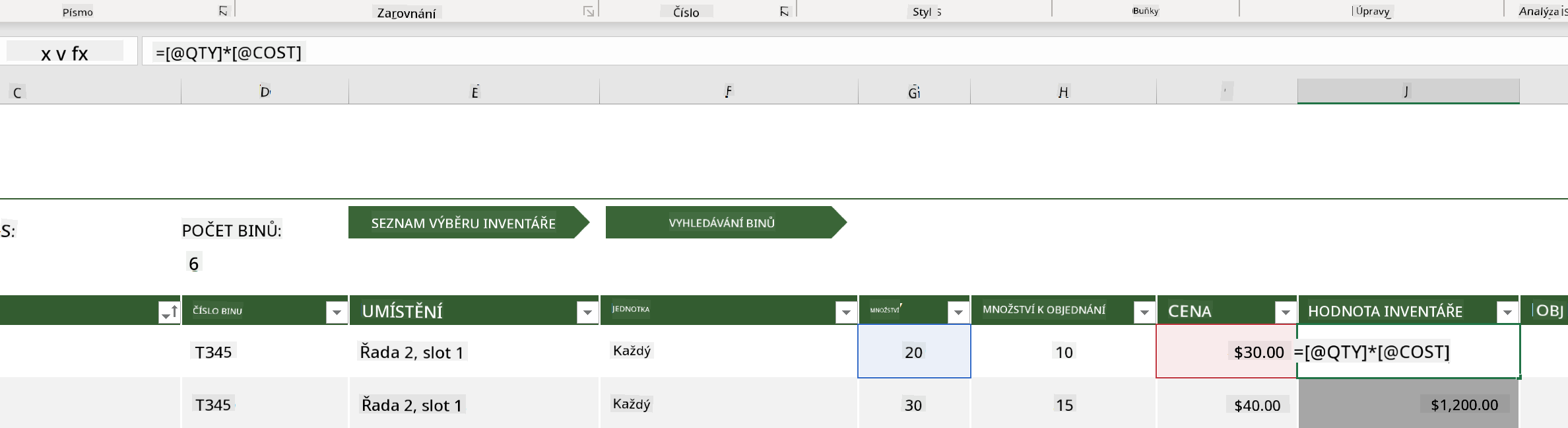Zvýrazněný vzorec z příkladu inventáře v Microsoft Excel
