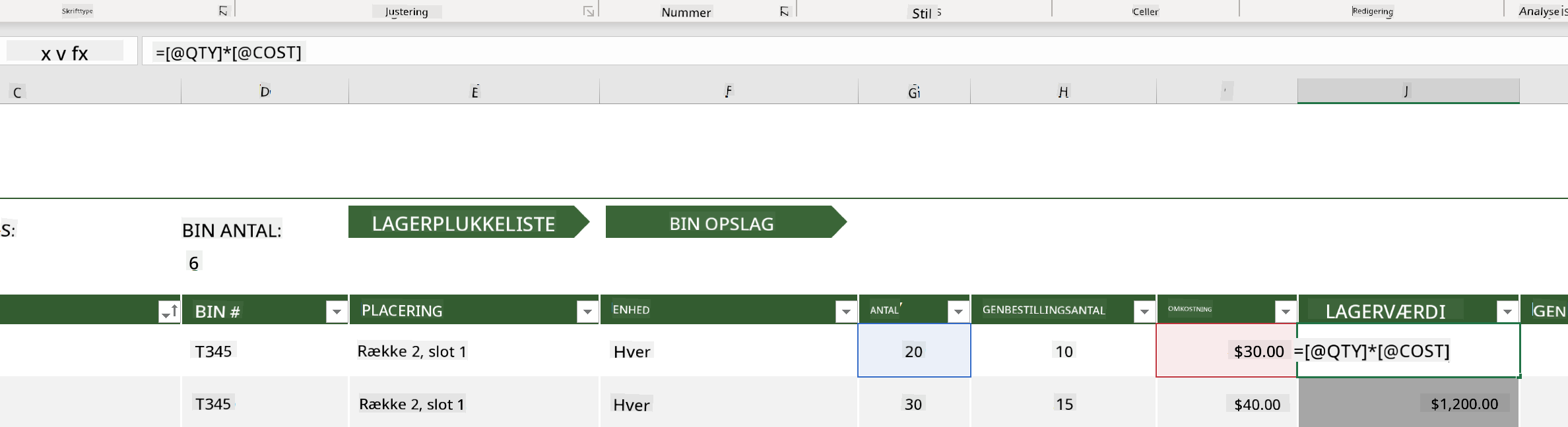 En fremhævet formel fra et eksempel på lagerliste i Microsoft Excel