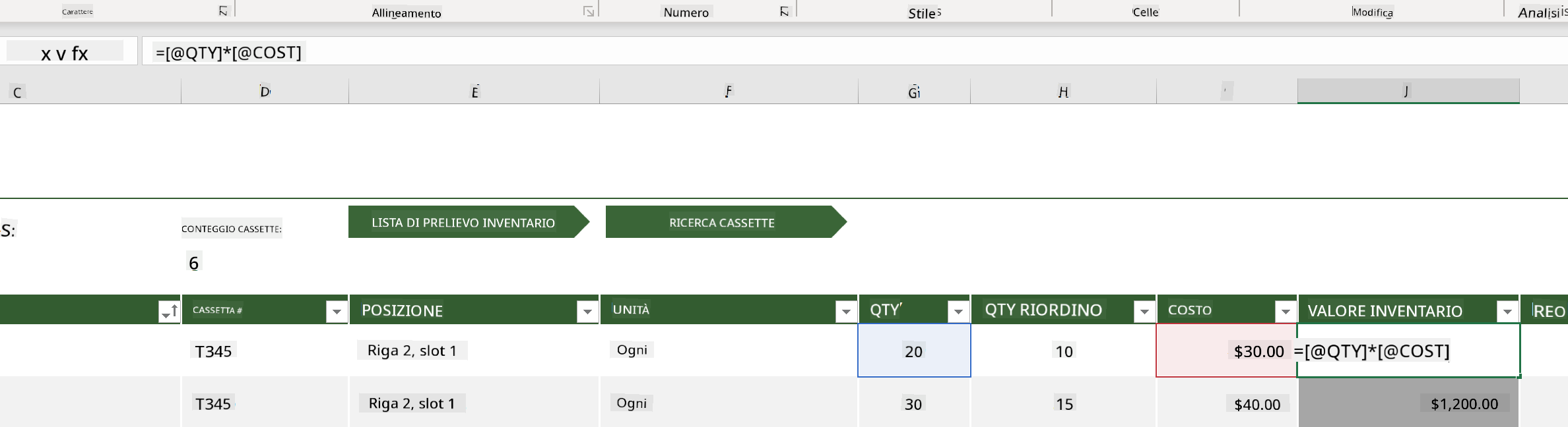 Una formula evidenziata da un esempio di lista inventario in Microsoft Excel