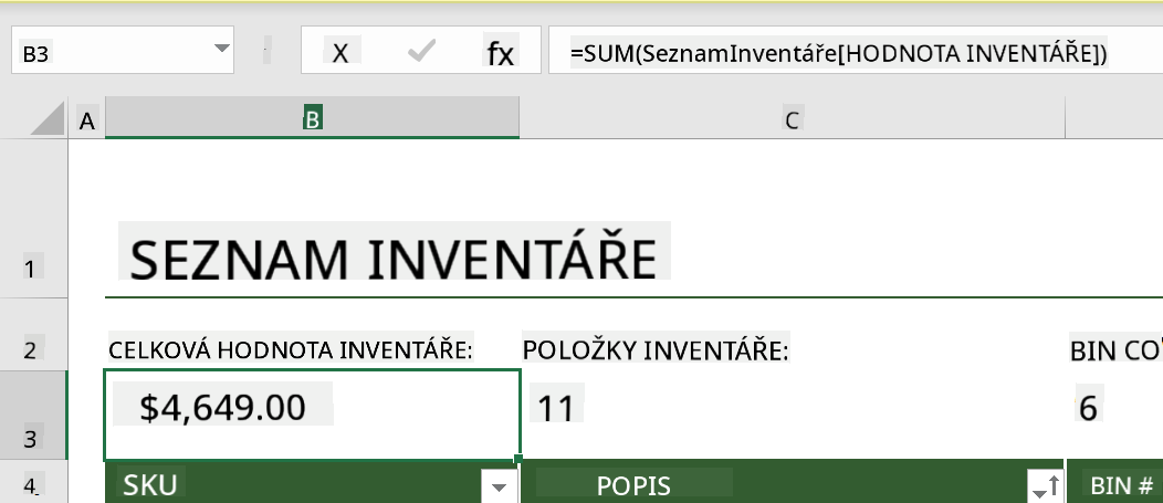 Zvýrazněná funkce z příkladu inventáře v Microsoft Excel