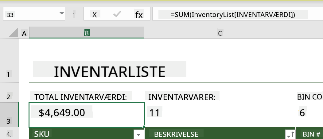 En fremhævet funktion fra et eksempel på lagerliste i Microsoft Excel