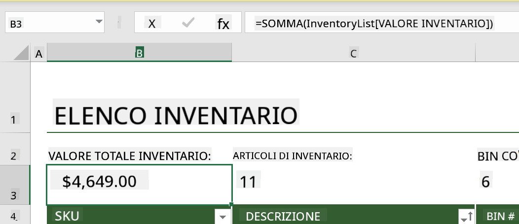 Una funzione evidenziata da un esempio di lista inventario in Microsoft Excel