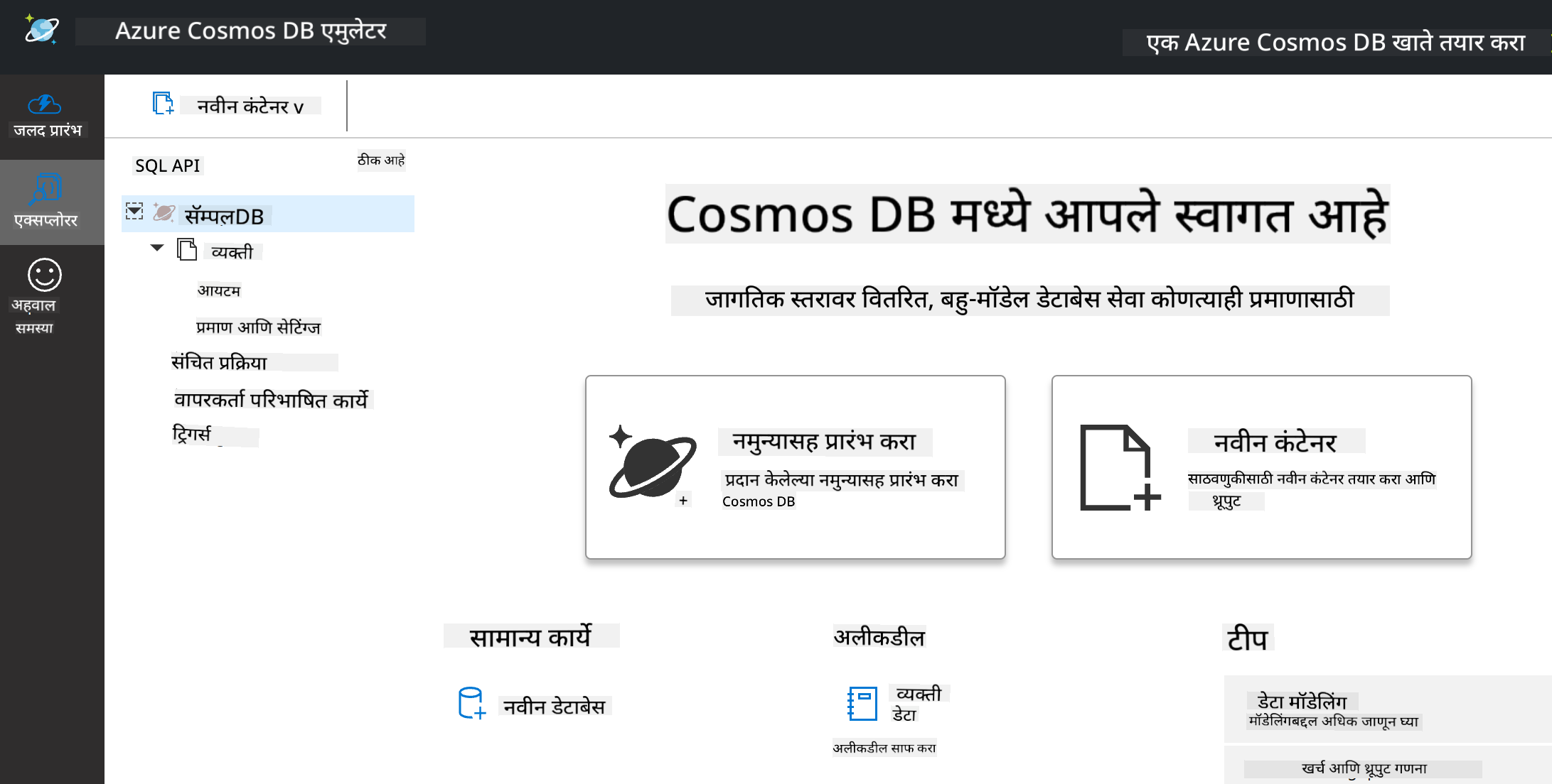 Cosmos DB Emulator चे Explorer दृश्य