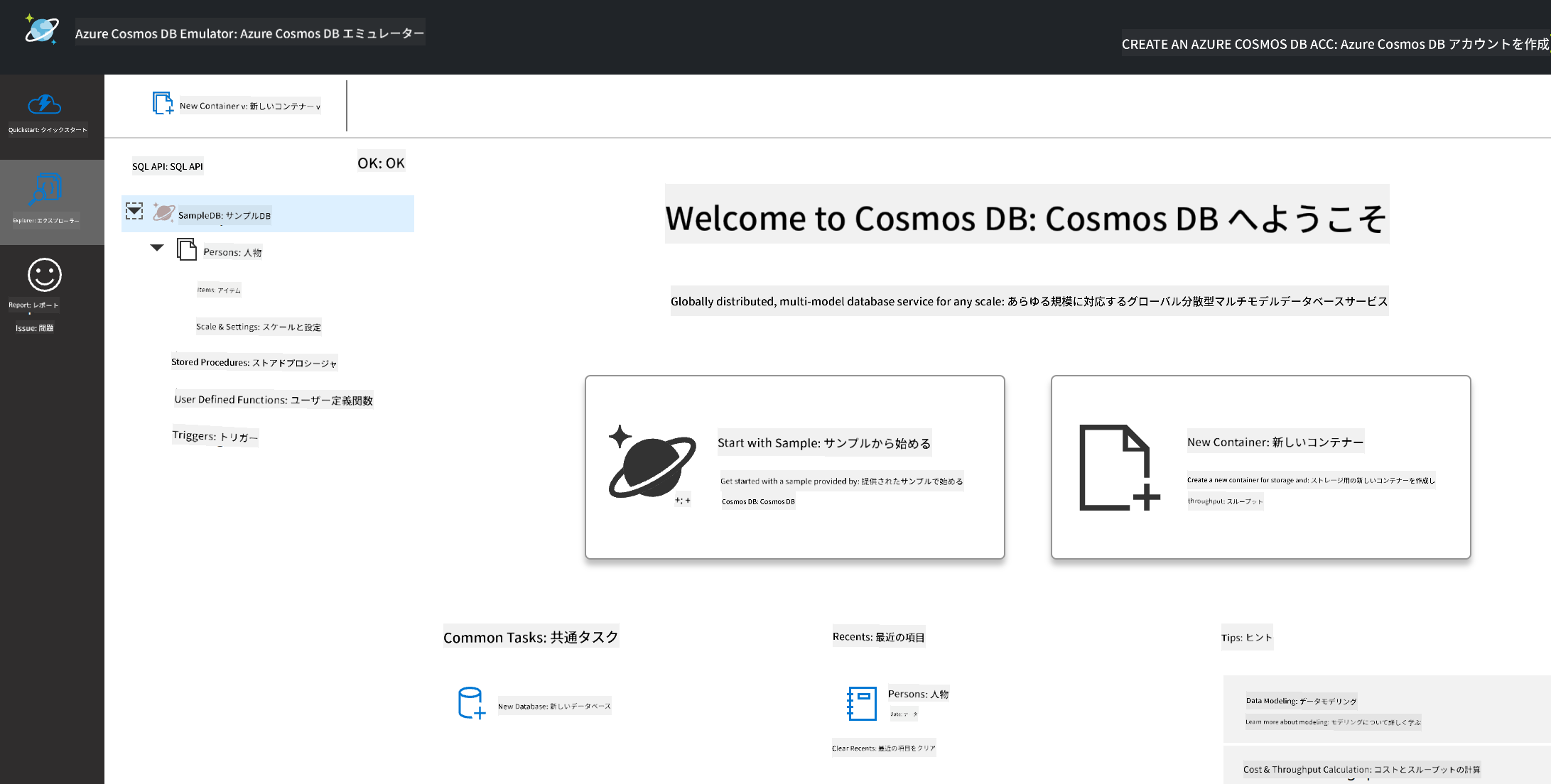 Cosmos DBエミュレーターのExplorerビュー