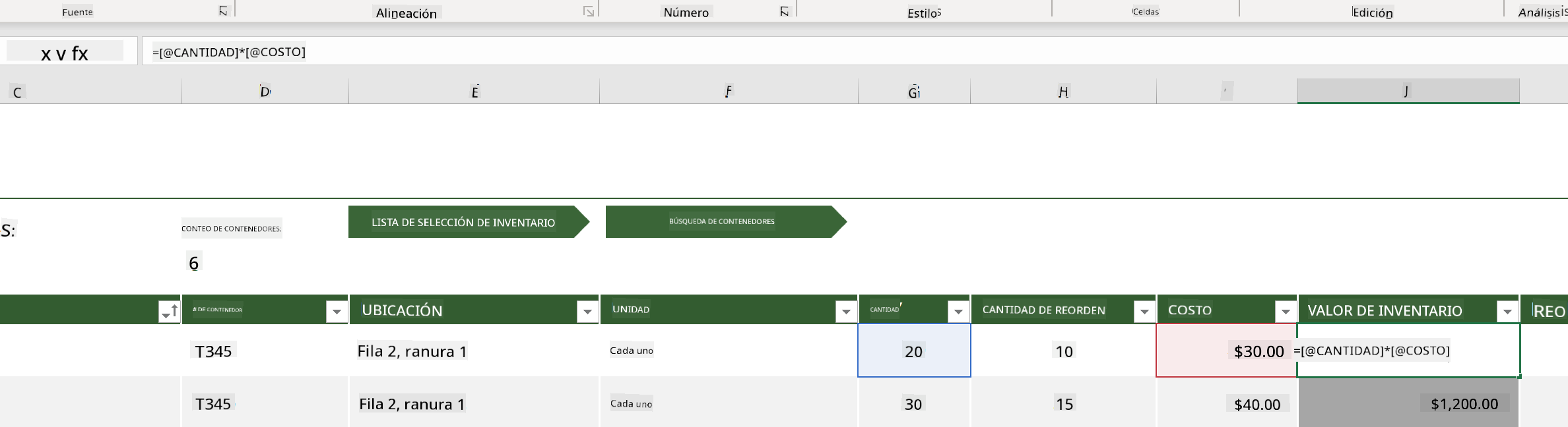 Una fórmula resaltada de un ejemplo de lista de inventario en Microsoft Excel
