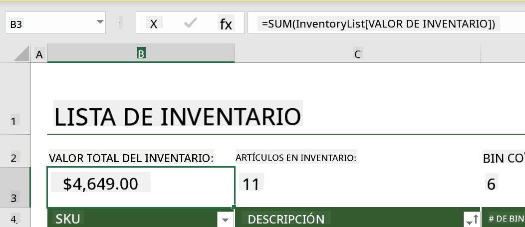 Una función resaltada de un ejemplo de lista de inventario en Microsoft Excel