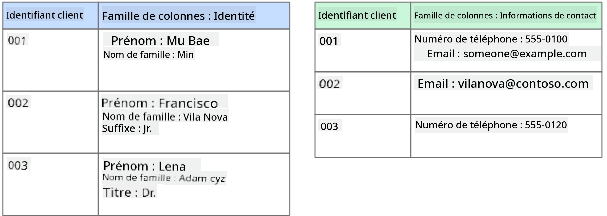 Représentation graphique d'une base de données en colonnes montrant une base client avec deux familles de colonnes nommées Identité et Infos de contact
