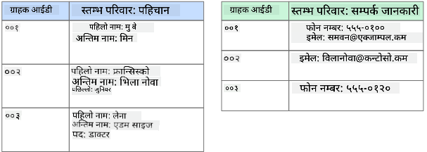 कस्टमर डाटाबेसको स्तम्भीय डेटा स्टोरको ग्राफिकल प्रतिनिधित्व, जसमा "Identity" र "Contact Info" नामका दुई स्तम्भ परिवारहरू छन्