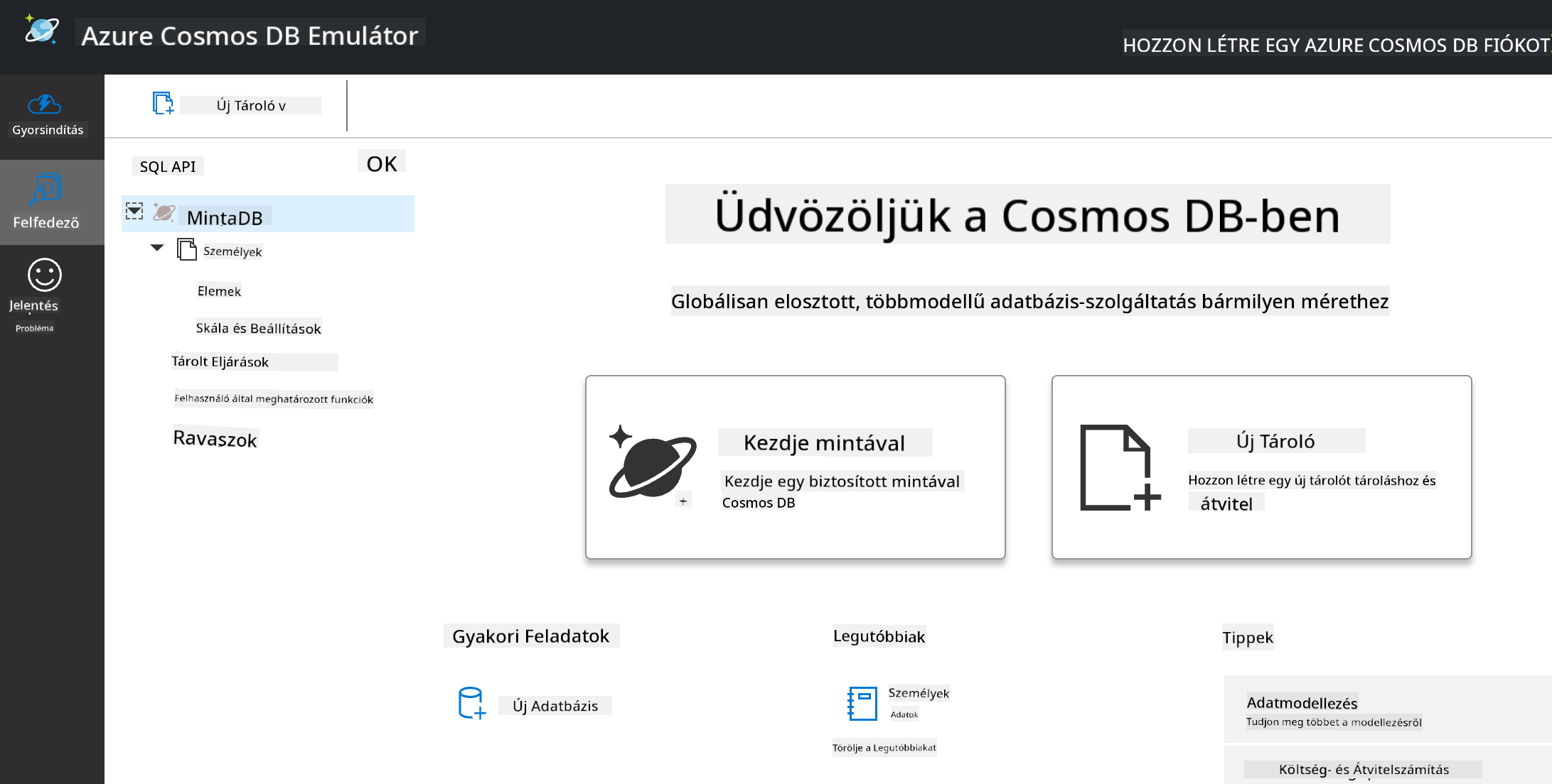 A Cosmos DB Emulátor Explorer nézete