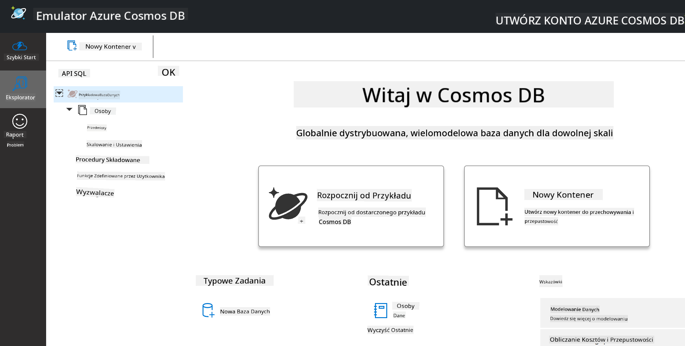 Widok Explorer emulatora Cosmos DB
