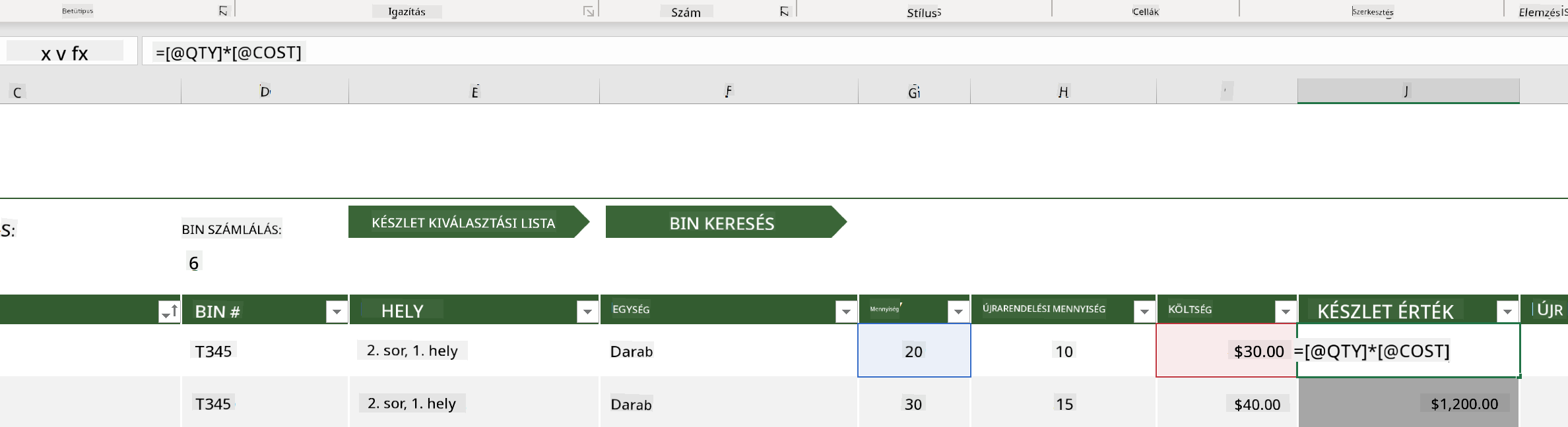 Egy kiemelt képlet egy példakészlet listájából a Microsoft Excelben