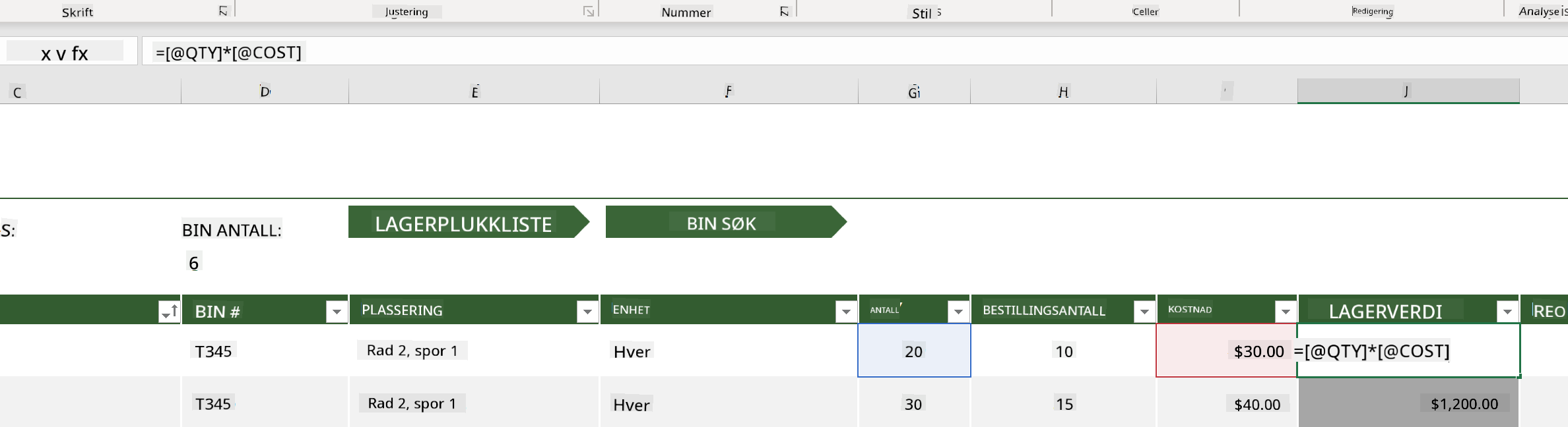 En uthevet formel fra et eksempel på en lagerliste i Microsoft Excel