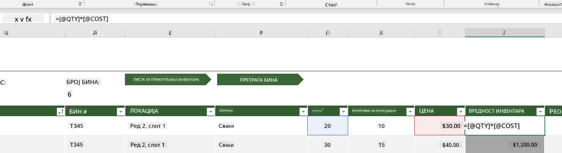 Истакнута формула из примера листе инвентара у Microsoft Excel-у