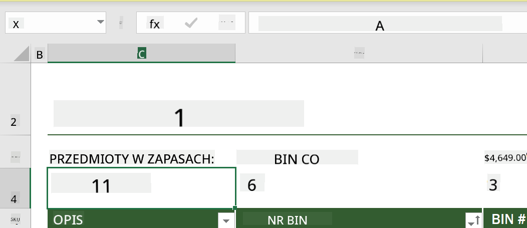 Podświetlona funkcja z przykładowej listy inwentarza w Microsoft Excel
