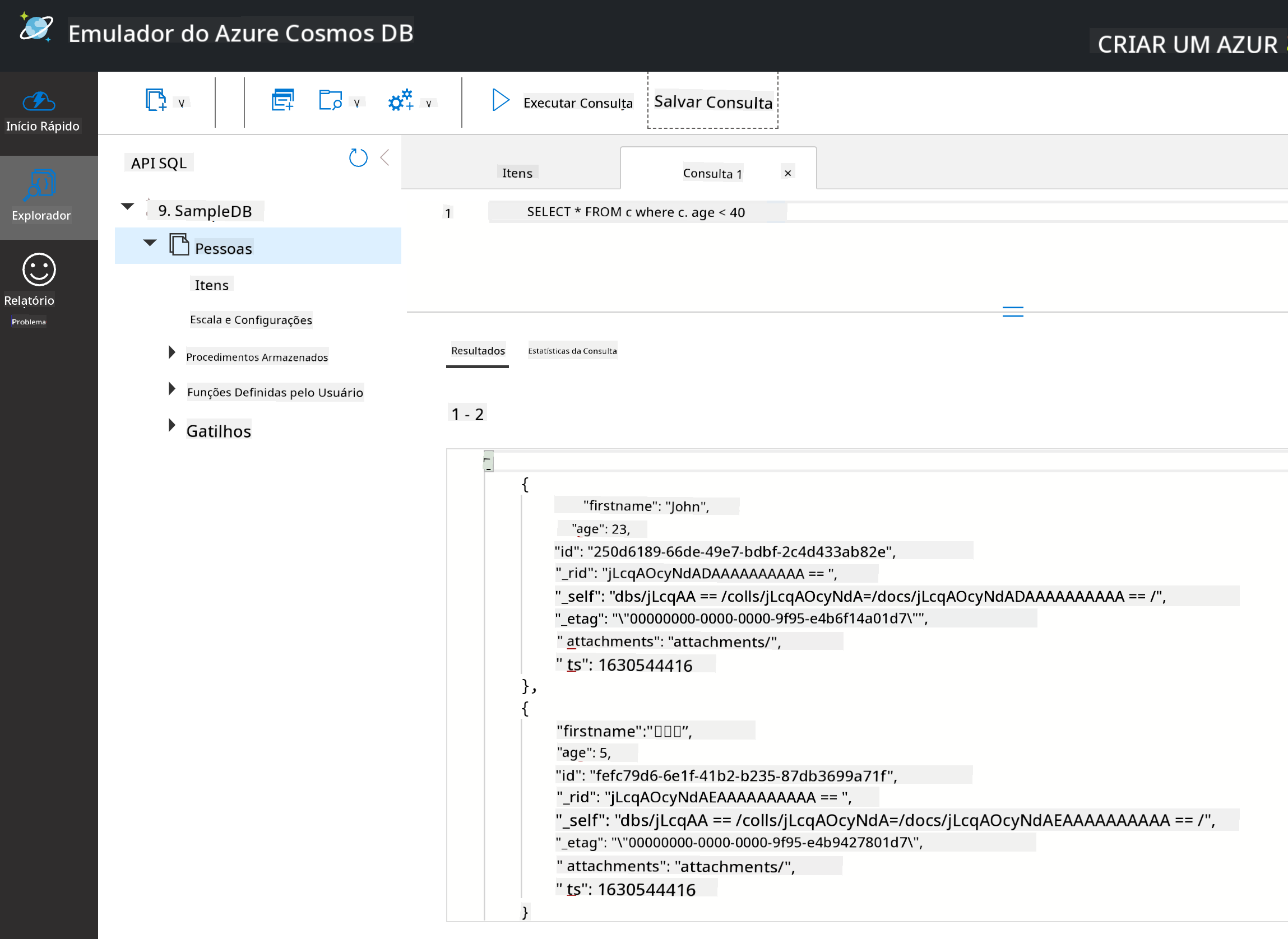 Executando uma consulta SELECT em dados de exemplo no Emulador do Cosmos DB para encontrar documentos com um campo de idade menor que 40