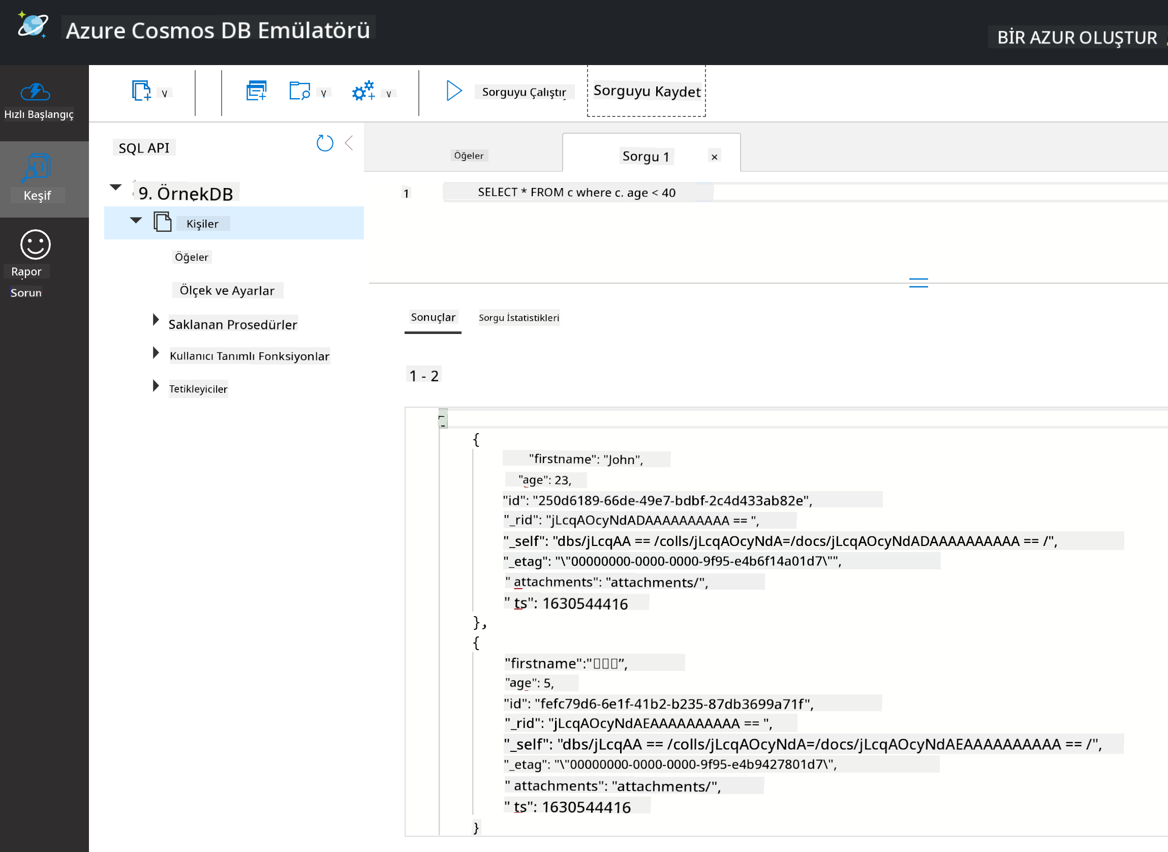 Cosmos DB Emülatöründe örnek veriler üzerinde bir SELECT sorgusu çalıştırmak