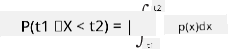 P(t_1\le X<t_2)=\int_{t_1}^{t_2}p(x)dx