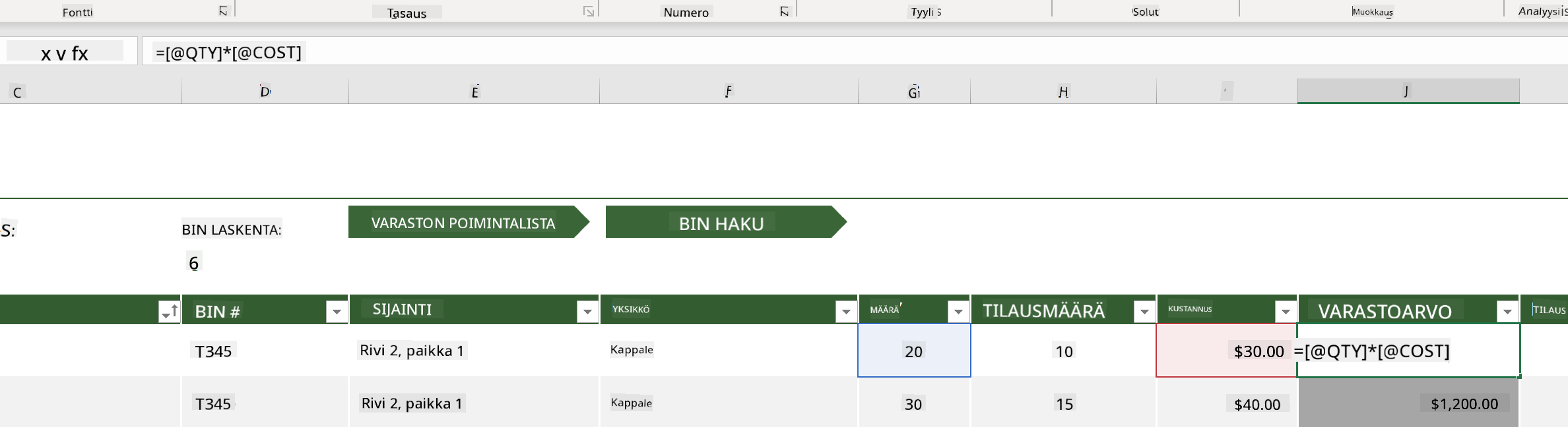 Korostettu kaava esimerkkivarastolistasta Microsoft Excelissä