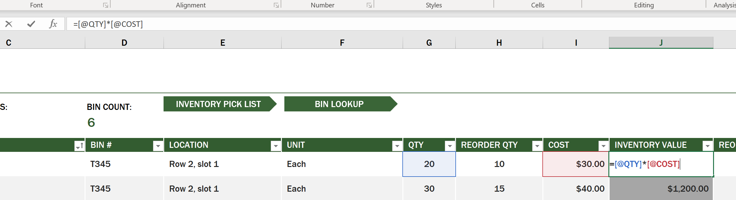 A highlighted formula from an example inventory list in Microsoft Excel