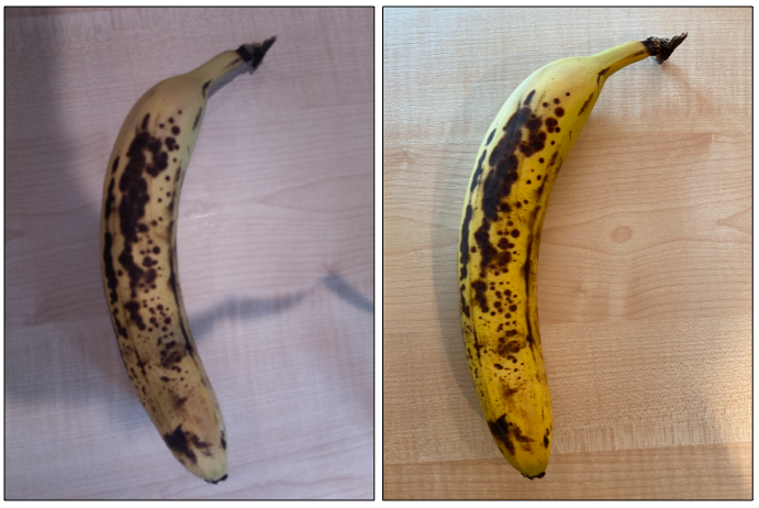 2 imagini cu banane, una cu rezoluție scăzută și iluminare slabă de la un dispozitiv IoT, cealaltă cu rezoluție înaltă și iluminare bună de la un telefon