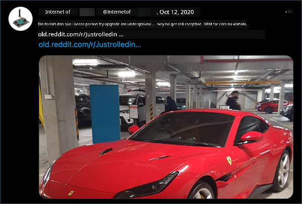 Dis Ferrari spoil because person try upgrade am underground wey no get cell reception
