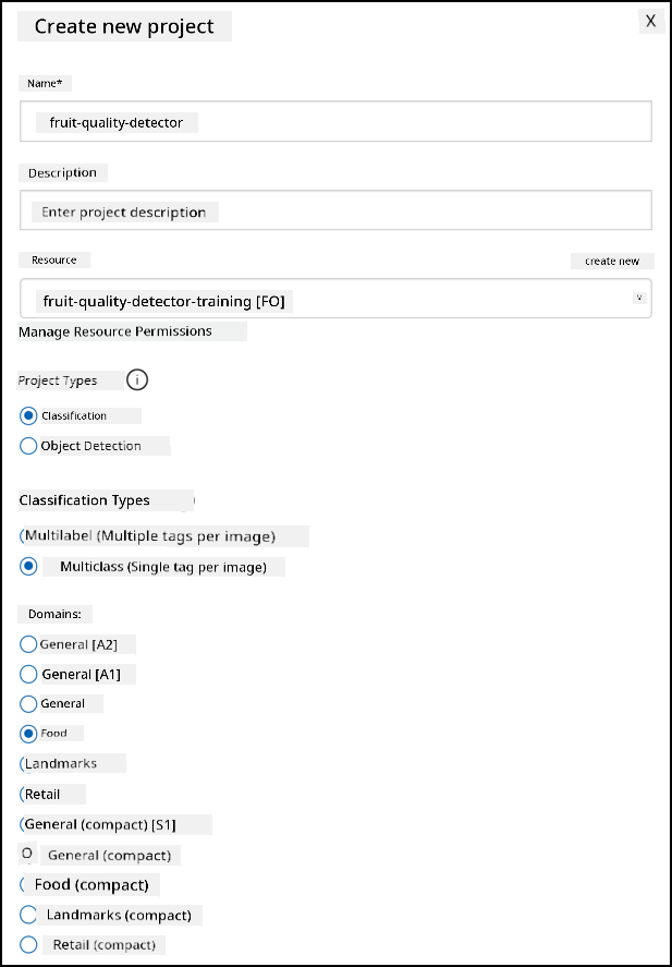 Di settings for di custom vision project with di name set to fruit-quality-detector, no description, di resource set to fruit-quality-detector-training, di project type set to classification, di classification types set to multi class and di domains set to food