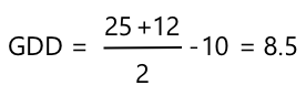 GDD = 25 + 12 делить на 2, затем вычесть 10 из результата, получаем 8.5