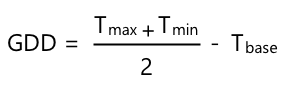 GDD = T max + T min gedeeld door 2, alles minus T base