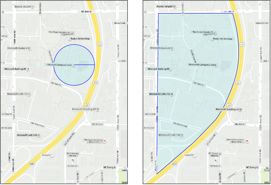 Some geofence examples showing a circular geofence around the Microsoft company store, and a polygon geofence around the Microsoft west campus